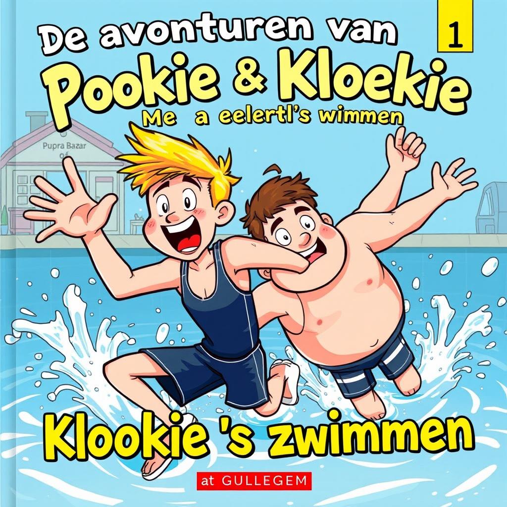 A tough and adventurous cover illustration for the first book in a series titled 'De avonturen van Pookie & Kloekie - Kloekie's eerste keer zwemmen'