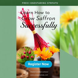 Design a visually appealing ad creative focused on driving registrations for a saffron-growing workshop