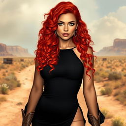 A 23-year-old woman with long, flowing red curly hair, vibrant green eyes, and light brown skin with a sun-kissed tan