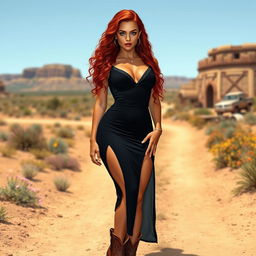 A 23-year-old woman with long, flowing red curly hair, vibrant green eyes, and light brown skin with a sun-kissed tan