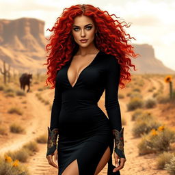 A 23-year-old woman with long, flowing red curly hair, vibrant green eyes, and light brown skin with a sun-kissed tan