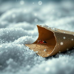 An ant taking shelter under a small, folded piece of cardboard on a snowy day