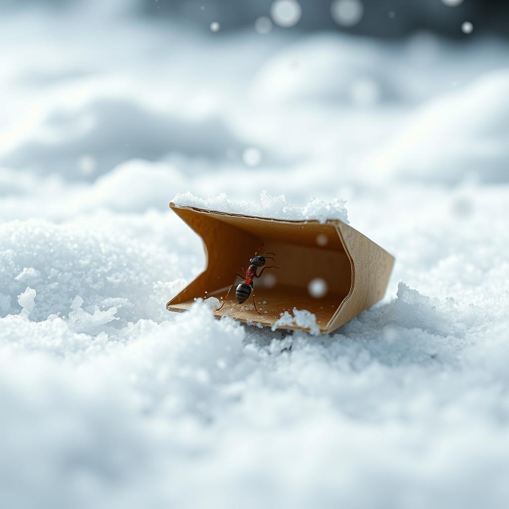 An ant taking shelter under a small, folded piece of cardboard on a snowy day