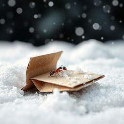 An ant taking shelter under a small, folded piece of cardboard on a snowy day