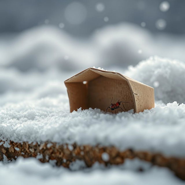 An ant taking shelter under a small, folded piece of cardboard on a snowy day