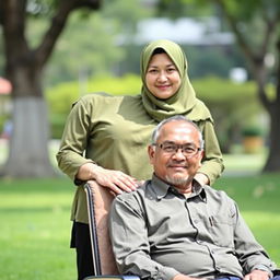 Ibu Maya, a confident 37-year-old Indonesian woman, stands behind Bapak Adi, a calm and self-assured 40-year-old man seated comfortably in a chair