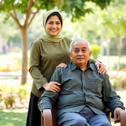 Ibu Maya, a confident 37-year-old Indonesian woman, stands behind Bapak Adi, a calm and self-assured 40-year-old man seated comfortably in a chair