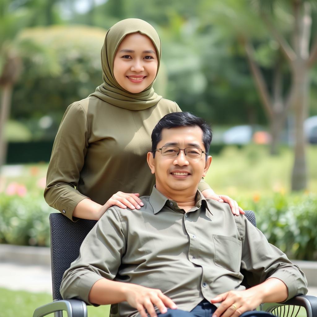 Ibu Maya, a confident 37-year-old Indonesian woman, stands behind Bapak Adi, a calm and self-assured 40-year-old man seated comfortably in a chair