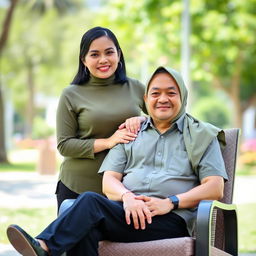 Ibu Maya, a confident 37-year-old Indonesian woman, stands behind Bapak Adi, a calm and self-assured 40-year-old man seated comfortably in a chair