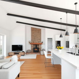 A beautifully designed living space that showcases a dining room at the back left near the main entrance, featuring a cozy television setup and a rustic wood-burning stove