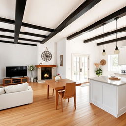 A beautifully designed living space that showcases a dining room at the back left near the main entrance, featuring a cozy television setup and a rustic wood-burning stove