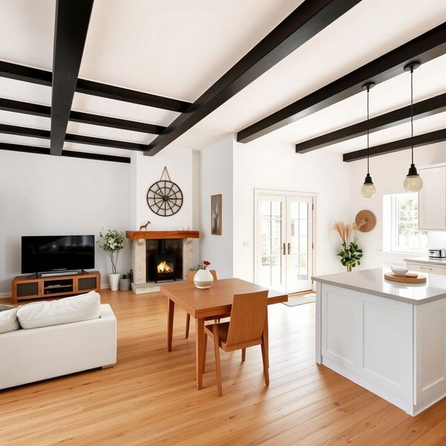 A beautifully designed living space that showcases a dining room at the back left near the main entrance, featuring a cozy television setup and a rustic wood-burning stove