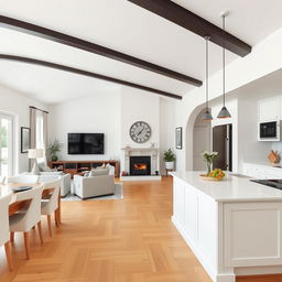 A beautifully designed living space that showcases a dining room at the back left near the main entrance, featuring a cozy television setup and a rustic wood-burning stove