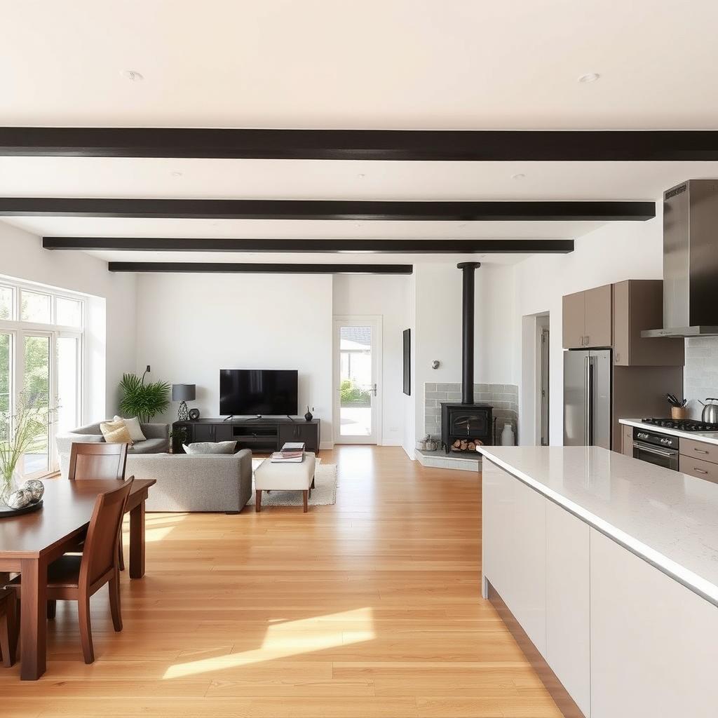 A beautifully designed living space that showcases a dining room at the back left near the main entrance, featuring a cozy television setup and a rustic wood-burning stove