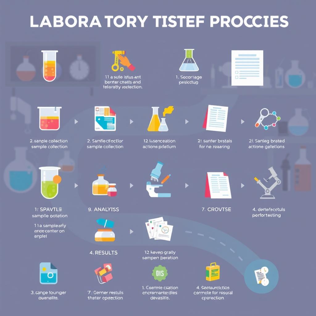 An informative and visually engaging illustration depicting a laboratory testing process with 12 clearly numbered steps