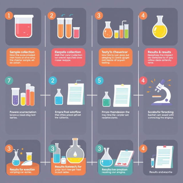 An informative and visually engaging illustration depicting a laboratory testing process with 12 clearly numbered steps