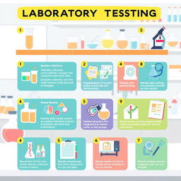 An informative and visually engaging illustration depicting a laboratory testing process with 12 clearly numbered steps