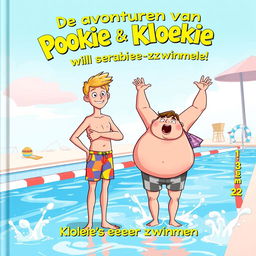 An exciting cover illustration for the first book in a Belgian series titled 'De avonturen van Pookie & Kloekie - Kloekie's eerste keer zwemmen'