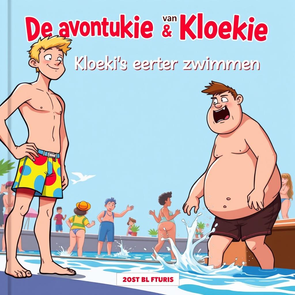 An exciting cover illustration for the first book in a Belgian series titled 'De avonturen van Pookie & Kloekie - Kloekie's eerste keer zwemmen'