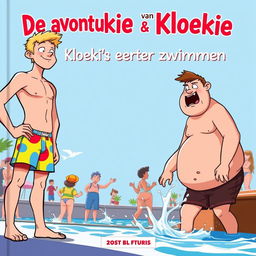 An exciting cover illustration for the first book in a Belgian series titled 'De avonturen van Pookie & Kloekie - Kloekie's eerste keer zwemmen'