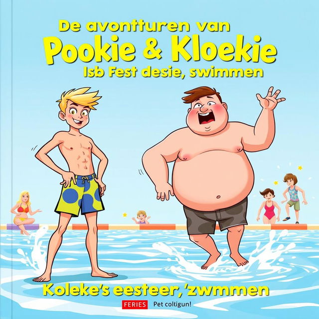 An exciting cover illustration for the first book in a Belgian series titled 'De avonturen van Pookie & Kloekie - Kloekie's eerste keer zwemmen'