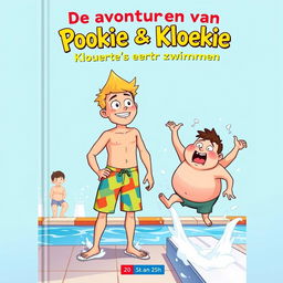 An exciting cover illustration for the first book in a Belgian series titled 'De avonturen van Pookie & Kloekie - Kloekie's eerste keer zwemmen'