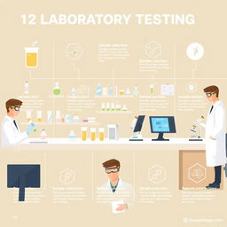 An informative and visually engaging illustration depicting a 12-step laboratory testing process