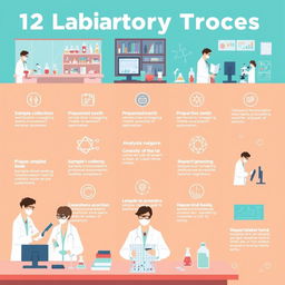 An informative and visually engaging illustration depicting a 12-step laboratory testing process
