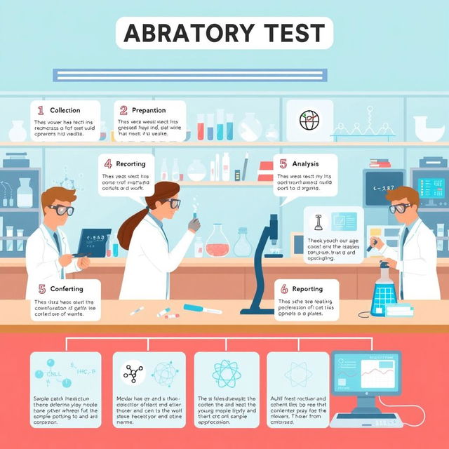 An informative and visually engaging illustration depicting a 12-step laboratory testing process