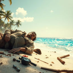A scene depicting a man lying unconscious on a beautiful tropical beach, his clothes are torn and wet, suggesting he has survived a shipwreck