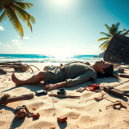 A scene depicting a man lying unconscious on a beautiful tropical beach, his clothes are torn and wet, suggesting he has survived a shipwreck