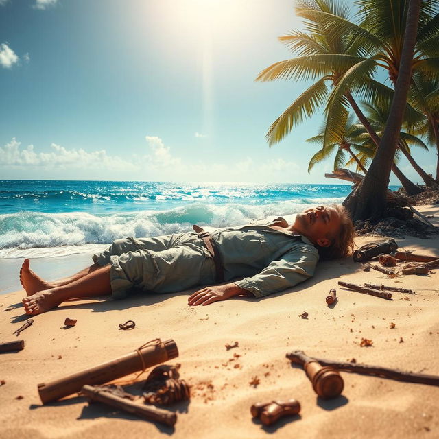 A scene depicting a man lying unconscious on a beautiful tropical beach, his clothes are torn and wet, suggesting he has survived a shipwreck