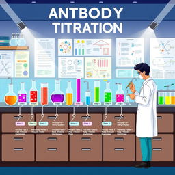 An illustration depicting a laboratory setting focused on a step-by-step process of antibody titration
