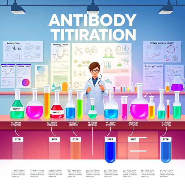 An illustration depicting a laboratory setting focused on a step-by-step process of antibody titration