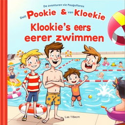 A colorful and engaging cover illustration for the first book in a Dutch series titled 'De avonturen van Pookie & Kloekie', subtitled 'Kloekie's eerste keer zwemmen'