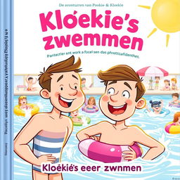 A colorful and engaging cover illustration for the first book in a Dutch series titled 'De avonturen van Pookie & Kloekie', subtitled 'Kloekie's eerste keer zwemmen'