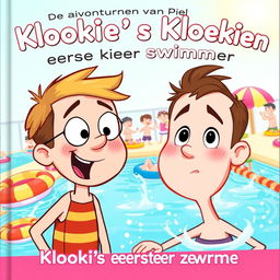 A colorful and engaging cover illustration for the first book in a Dutch series titled 'De avonturen van Pookie & Kloekie', subtitled 'Kloekie's eerste keer zwemmen'