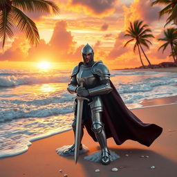 A valiant knight in full armor standing confidently on a sandy beach, the shimmering ocean waves crashing in the background