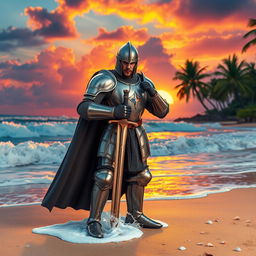 A valiant knight in full armor standing confidently on a sandy beach, the shimmering ocean waves crashing in the background