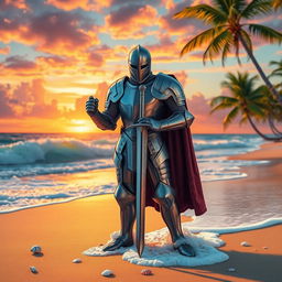 A valiant knight in full armor standing confidently on a sandy beach, the shimmering ocean waves crashing in the background