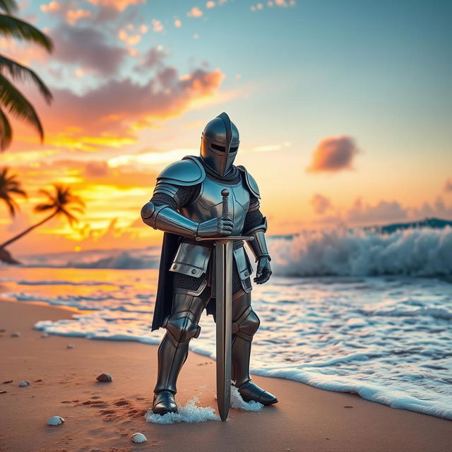 A valiant knight in full armor standing confidently on a sandy beach, the shimmering ocean waves crashing in the background