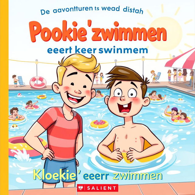 A colorful and engaging cover illustration for the first book in a Dutch series titled 'De avonturen van Pookie & Kloekie', subtitled 'Kloekie's eerste keer zwemmen'