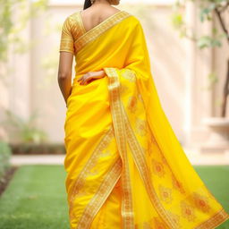 A beautifully draped saree in bright yellow, showcasing intricate gold embroidery along the border and pallu, adorned with delicate floral patterns