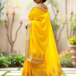 A beautifully draped saree in bright yellow, showcasing intricate gold embroidery along the border and pallu, adorned with delicate floral patterns
