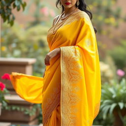 A beautifully draped saree in bright yellow, showcasing intricate gold embroidery along the border and pallu, adorned with delicate floral patterns