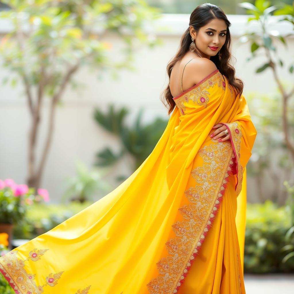 A beautifully draped saree in bright yellow, showcasing intricate gold embroidery along the border and pallu, adorned with delicate floral patterns