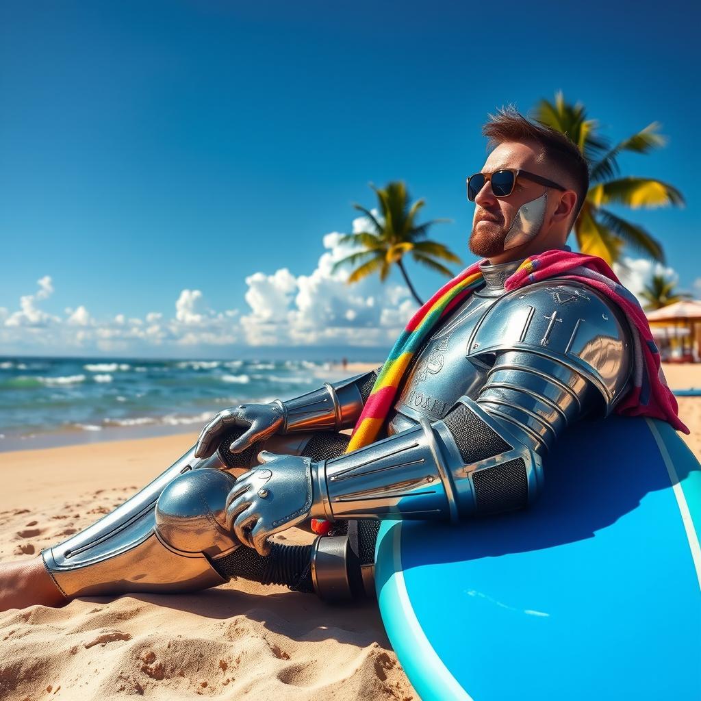 A cool knight in shining armor relaxing on a sunny beach, sitting on the sand with a surfboard by his side