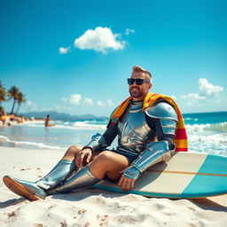 A cool knight in shining armor relaxing on a sunny beach, sitting on the sand with a surfboard by his side