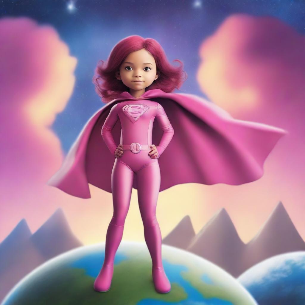 An endearing digital art image of a 10-year-old girl, adorned in a pink superhero costume with a matching cape, confidently standing atop planet Earth