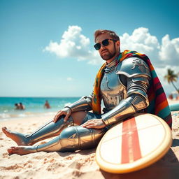 A cool knight in shining armor relaxing on a sunny beach, sitting on the sand with a surfboard by his side